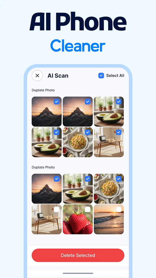AI Clean AI Scan screen showing groups of duplicate photos with Select All and Delete Selected