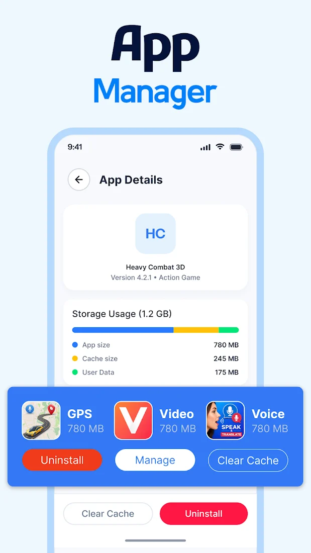 AI Clean app manager showing an app's storage usage split into app size, cache size and user data, with Clear Cache and Uninstall buttons