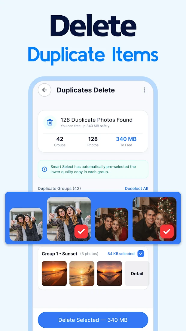 AI Clean duplicates screen: 128 duplicate photos found in 42 groups, 340 MB to free, with Smart Select pre-selecting the lower-quality copy in each group